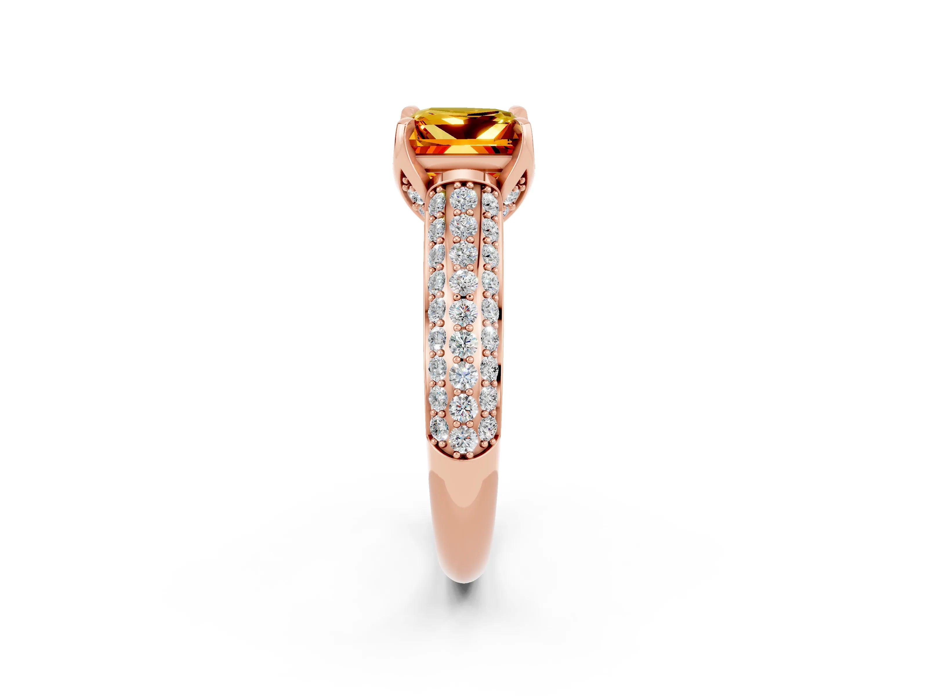Rose gold Princess Cut Citrine Solitaire Ring with Three-Row Pavé Band and Four-Prong Setting_14
