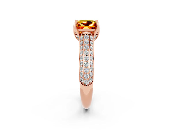 Rose gold Princess Cut Citrine Solitaire Ring with Three-Row Pavé Band and Four-Prong Setting