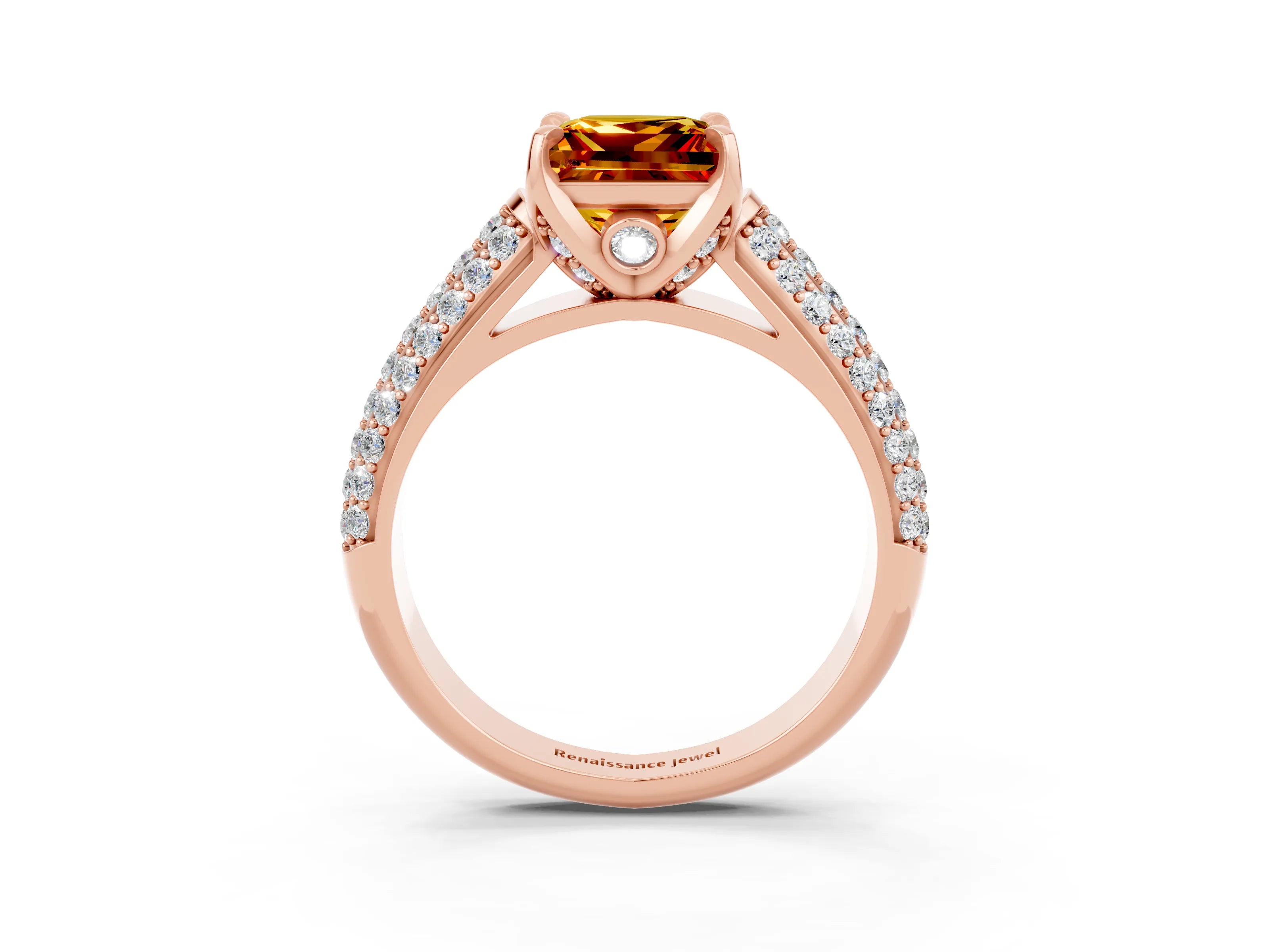 Rose gold Princess Cut Citrine Solitaire Ring with Three-Row Pavé Band and Four-Prong Setting_15