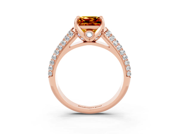 Rose gold Princess Cut Citrine Solitaire Ring with Three-Row Pavé Band and Four-Prong Setting