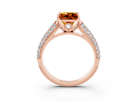 Rose gold Princess Cut Citrine Solitaire Ring with Three-Row Pavé Band and Four-Prong Setting_15