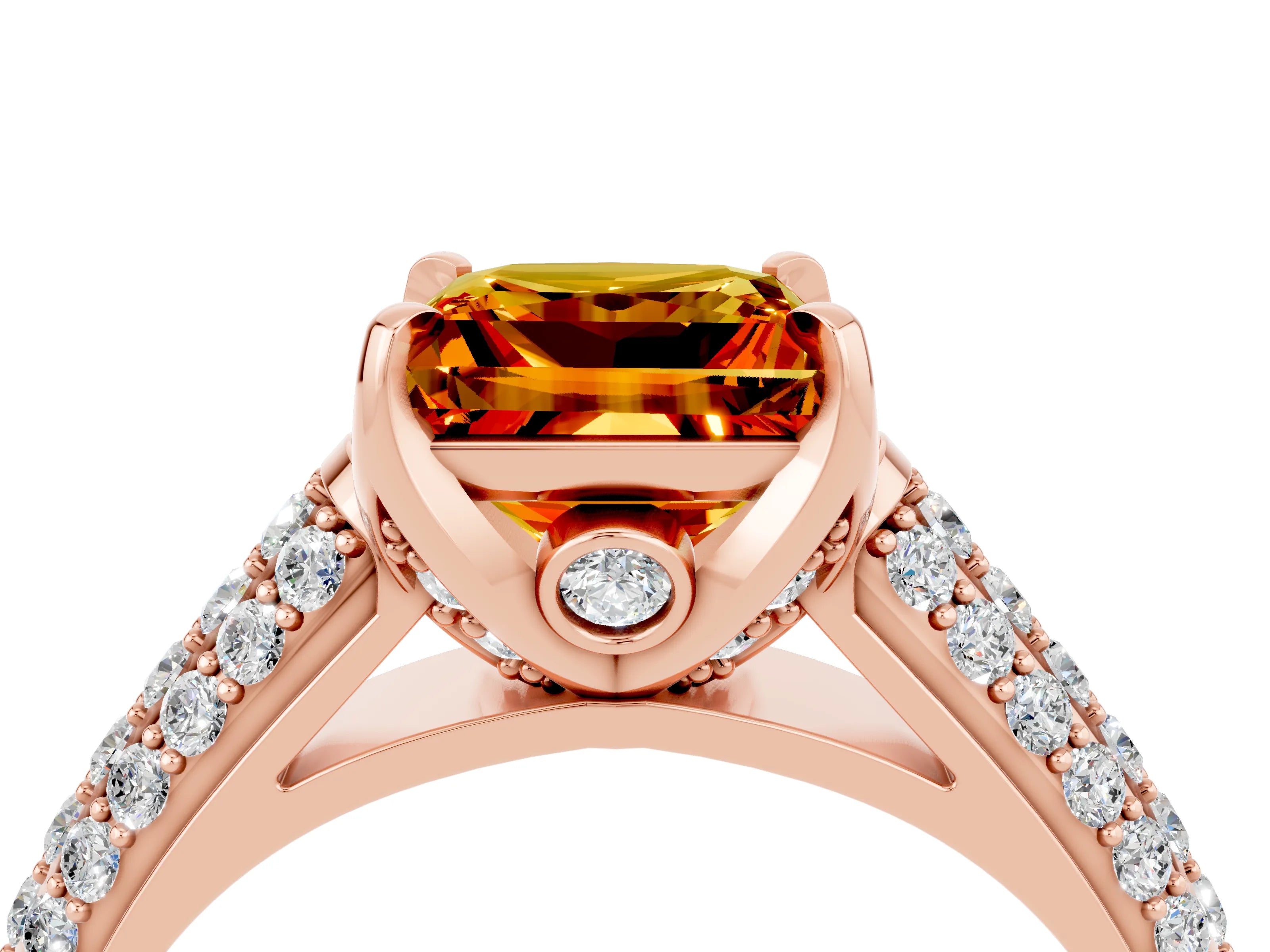 Rose gold Princess Cut Citrine Solitaire Ring with Three-Row Pavé Band and Four-Prong Setting_16