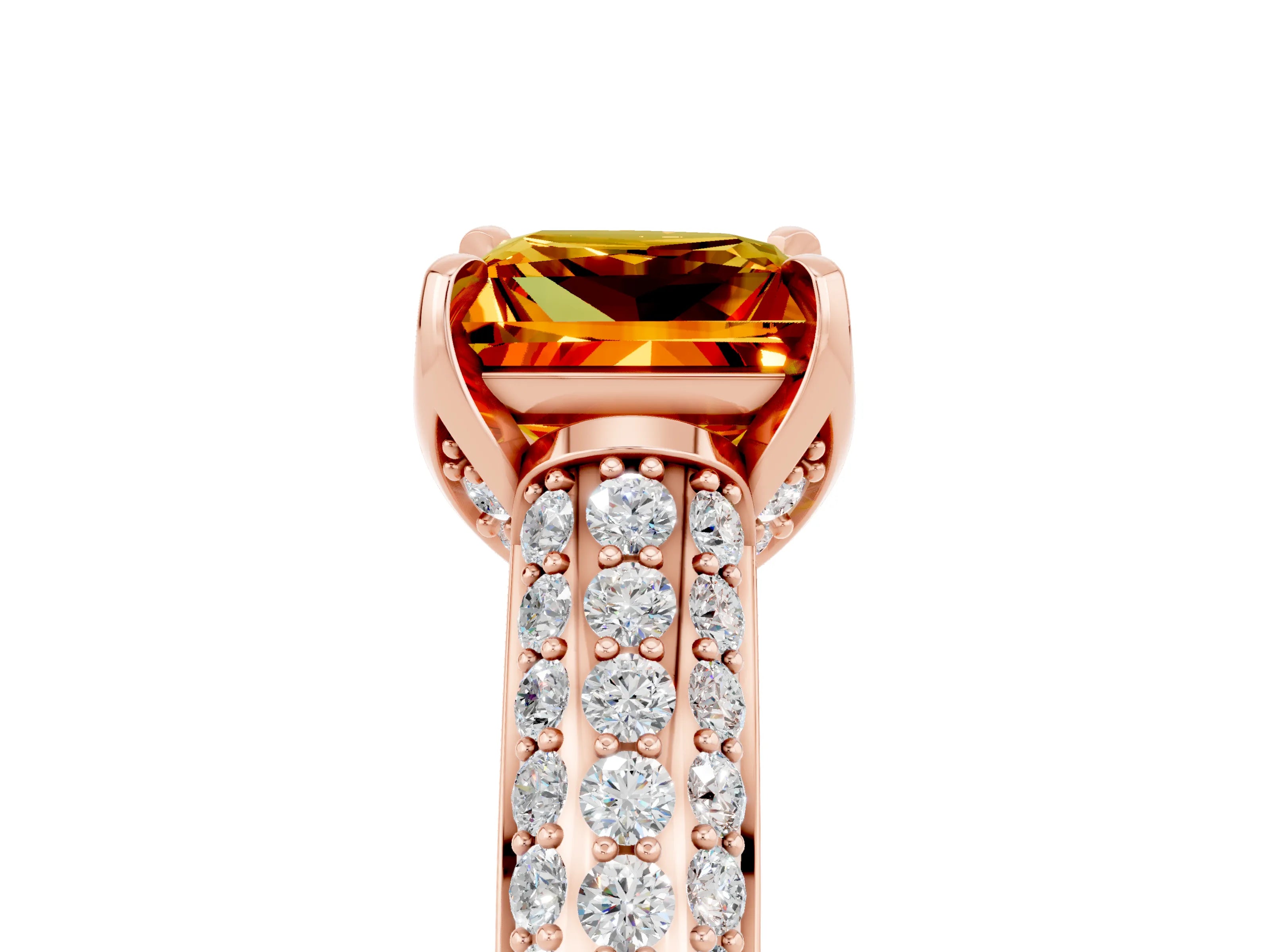 Rose gold Princess Cut Citrine Solitaire Ring with Three-Row Pavé Band and Four-Prong Setting_17