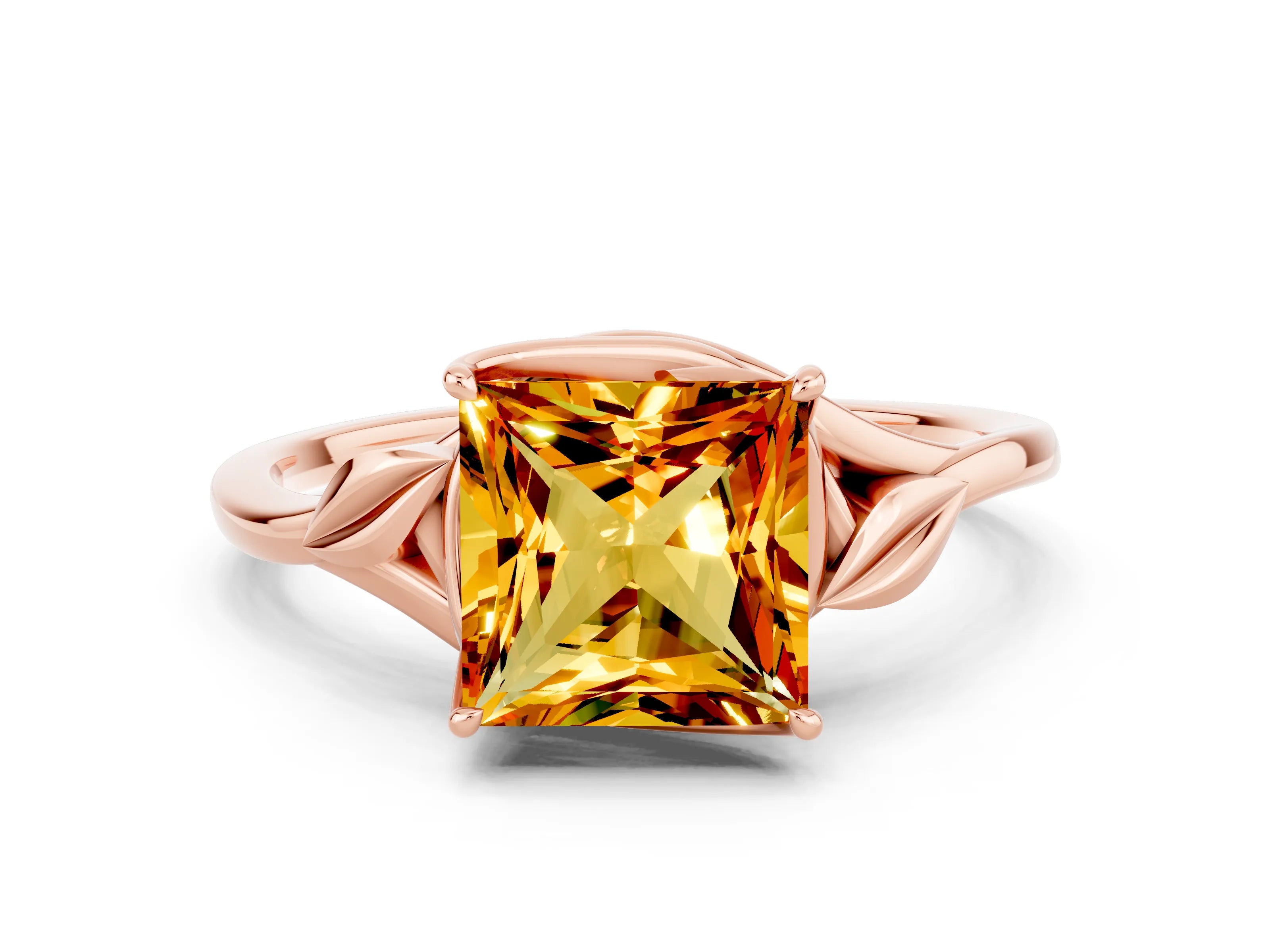 Rose gold Princess Cut Citrine Solitaire Ring with Twist Band and Four-Prong Setting_24