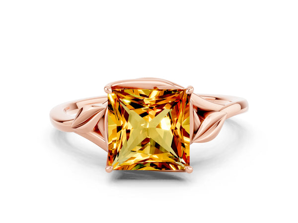 Rose gold Princess Cut Citrine Solitaire Ring with Twist Band and Four-Prong Setting