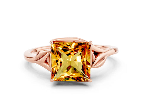 Rose gold Princess Cut Citrine Solitaire Ring with Twist Band and Four-Prong Setting_24