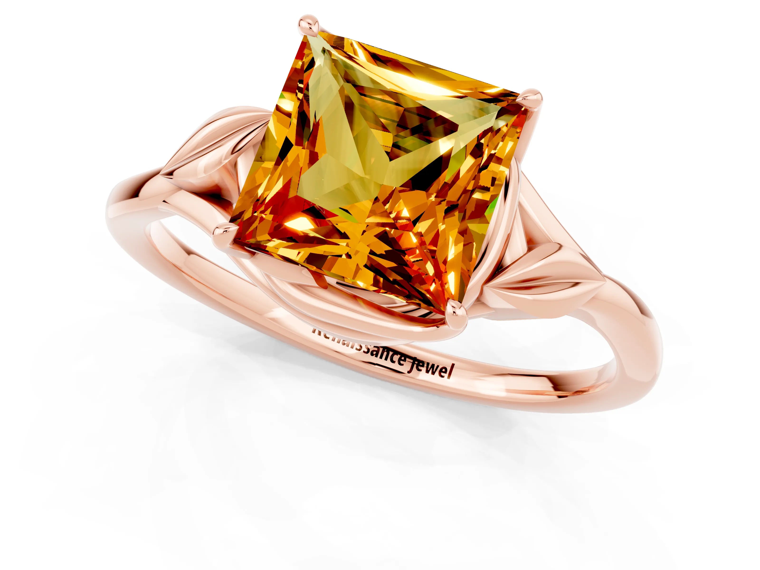 Rose gold Princess Cut Citrine Solitaire Ring with Twist Band and Four-Prong Setting_25
