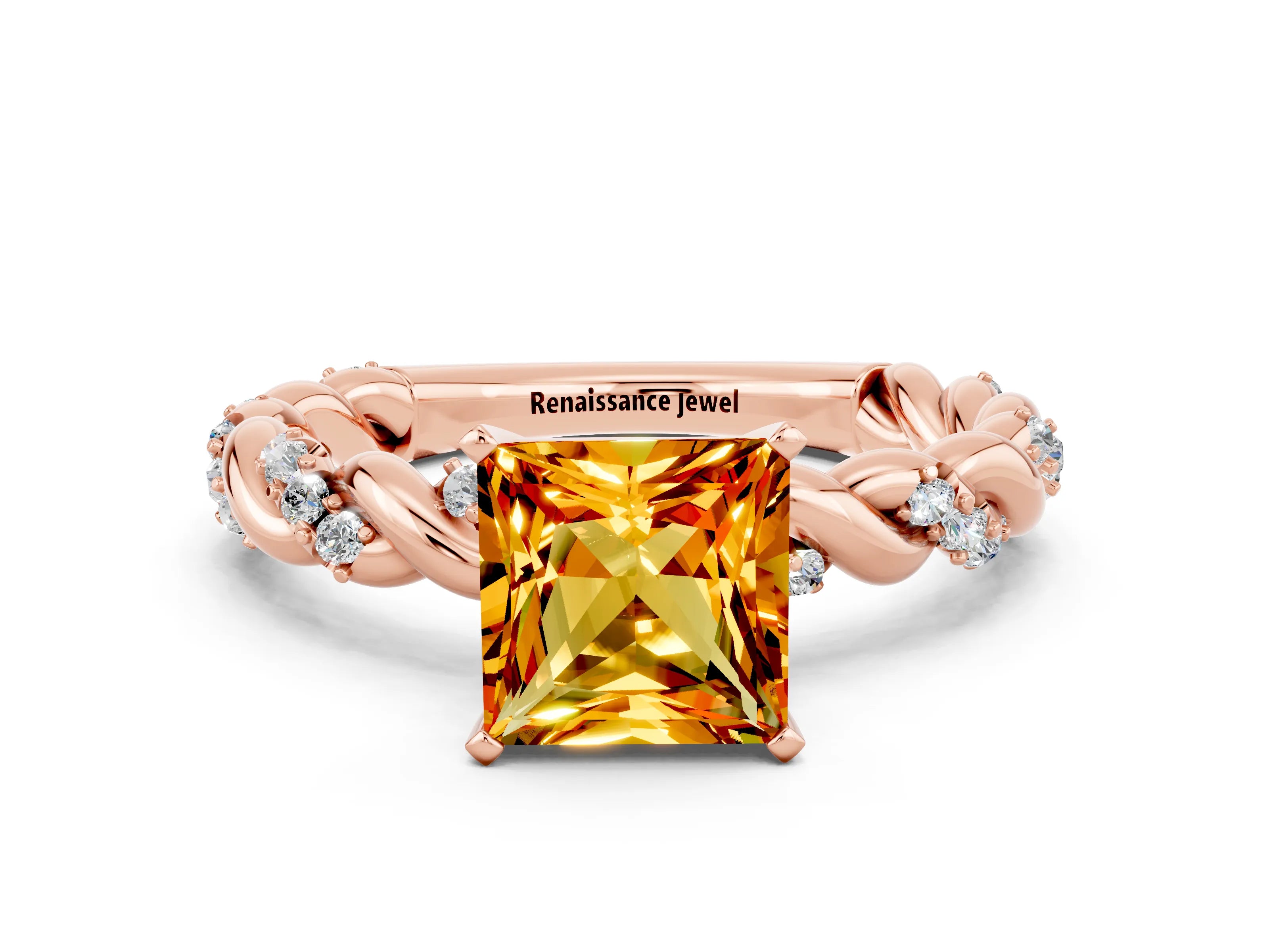 Rose gold Princess Cut Citrine Solitaire Ring with Twisted Band and Pavé Accents