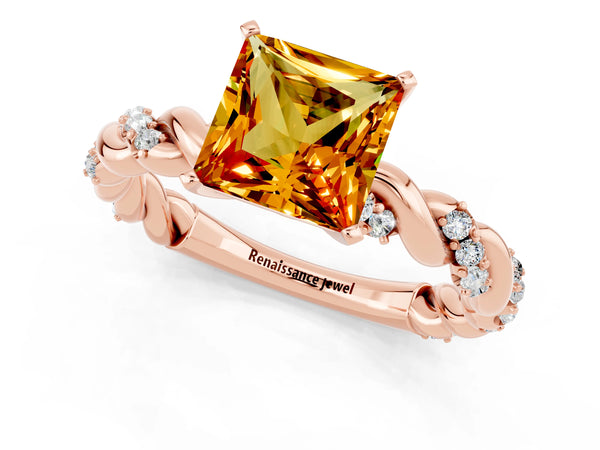 Rose gold Princess Cut Citrine Solitaire Ring with Twisted Band and Pavé Accents