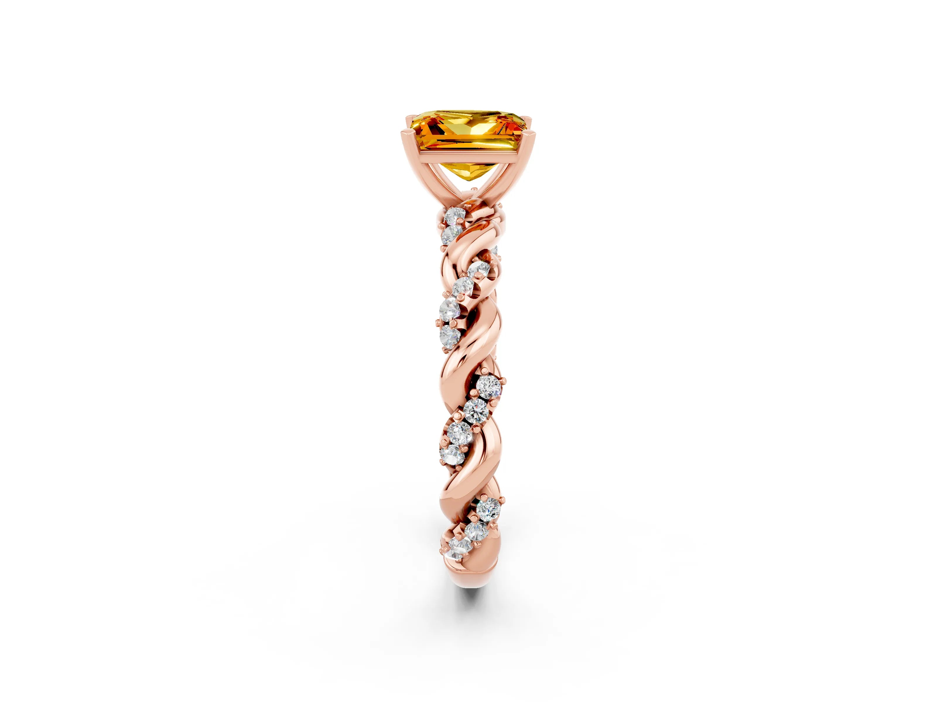 Rose gold Princess Cut Citrine Solitaire Ring with Twisted Band and Pavé Accents_2