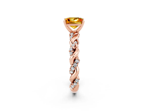 Rose gold Princess Cut Citrine Solitaire Ring with Twisted Band and Pavé Accents