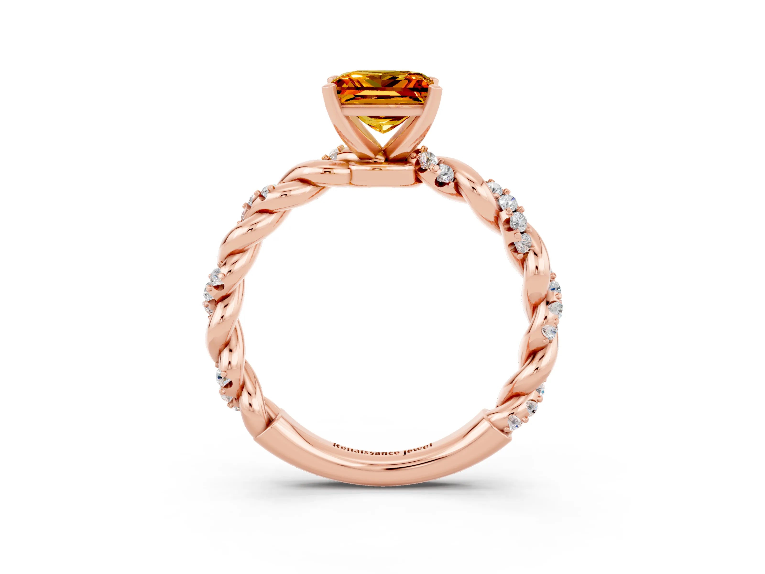 Rose gold Princess Cut Citrine Solitaire Ring with Twisted Band and Pavé Accents_3