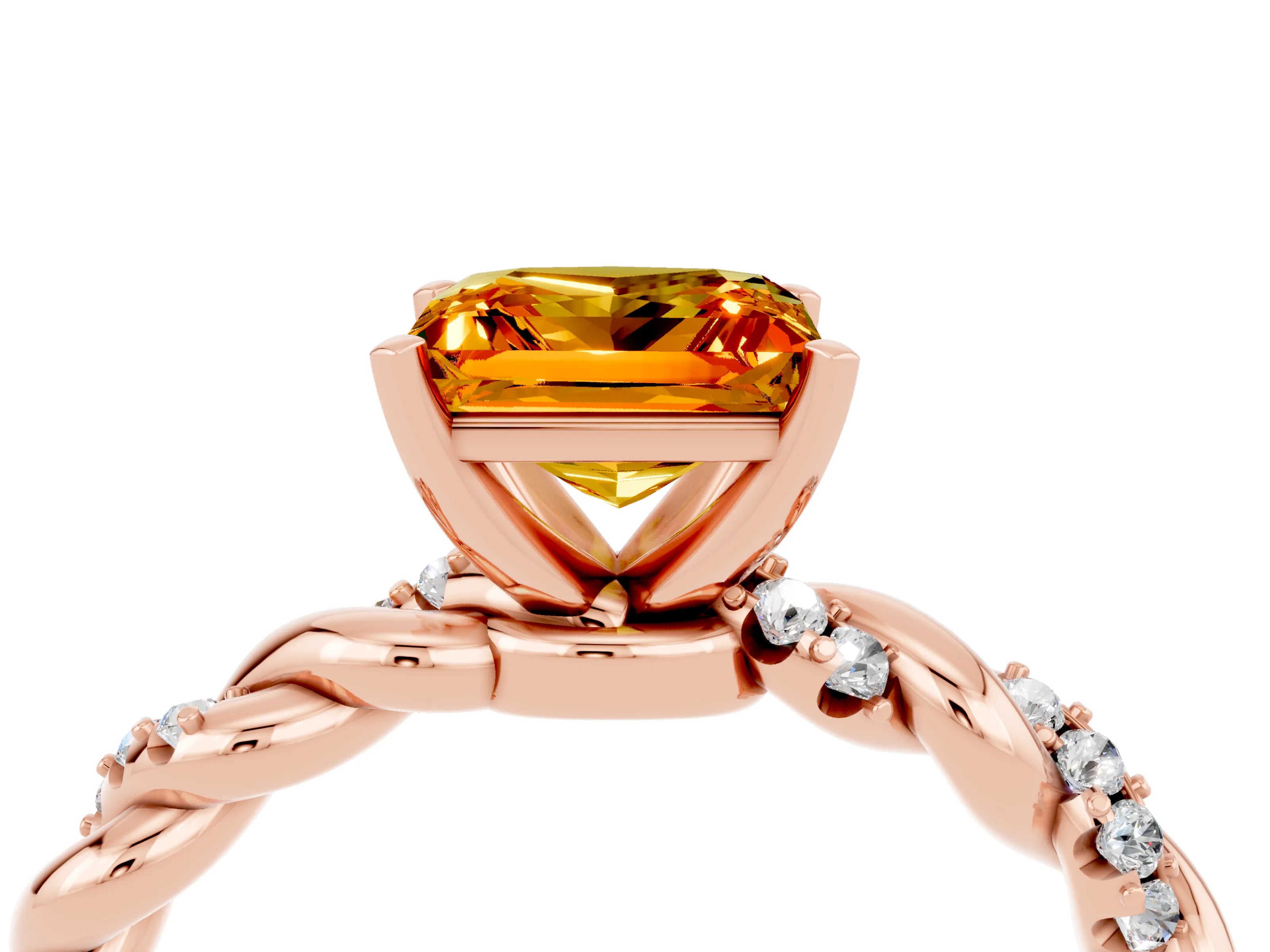 Rose gold Princess Cut Citrine Solitaire Ring with Twisted Band and Pavé Accents_4
