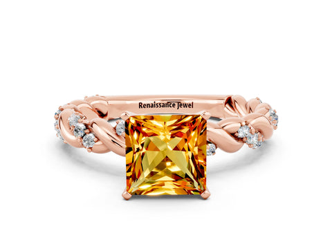 Rose gold Princess Cut Citrine Solitaire Ring with Twisted Band and Pavé Accents