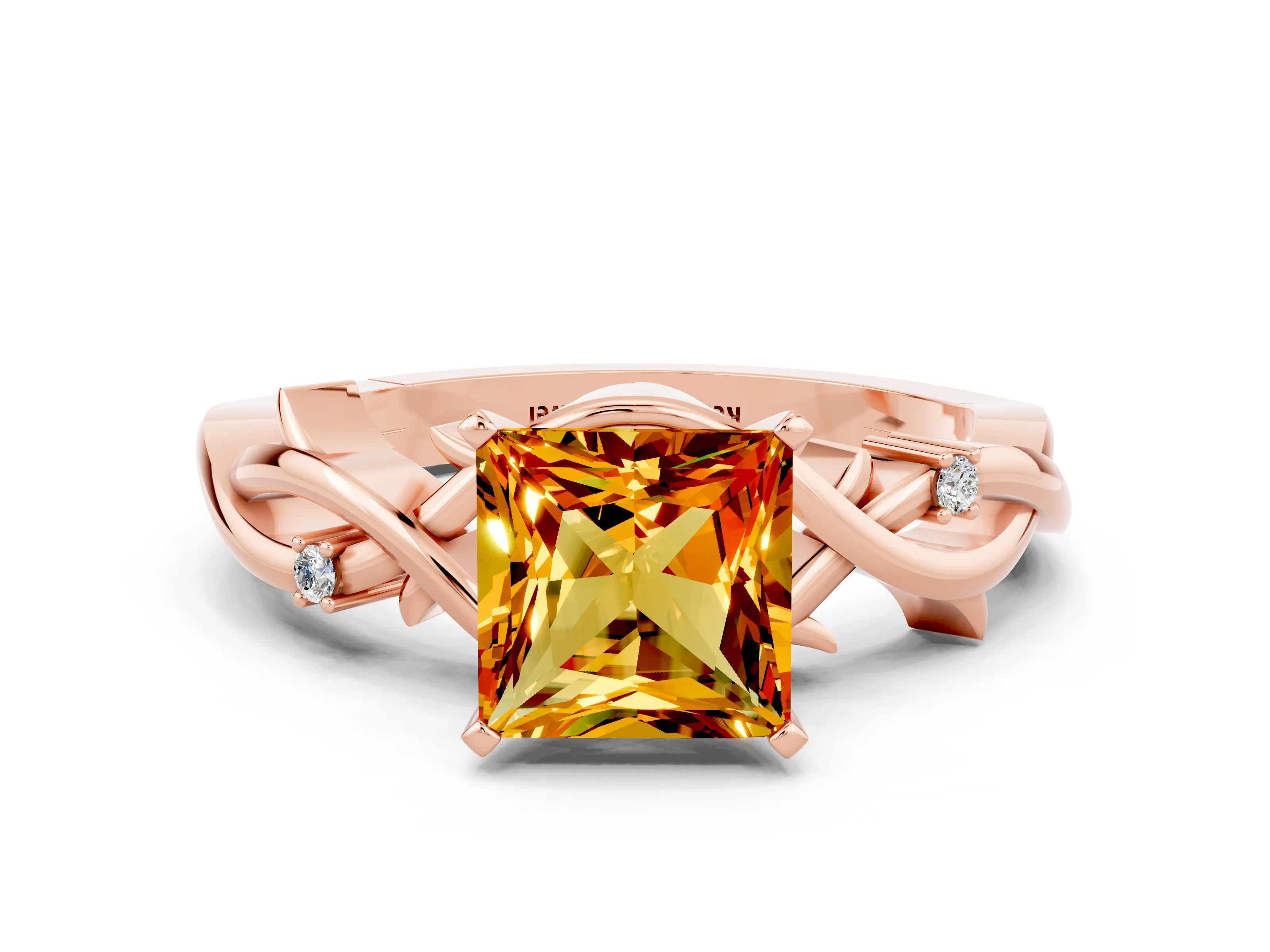 Rose gold Princess Cut Citrine Solitaire Ring with Twisted Band and Prong Setting
