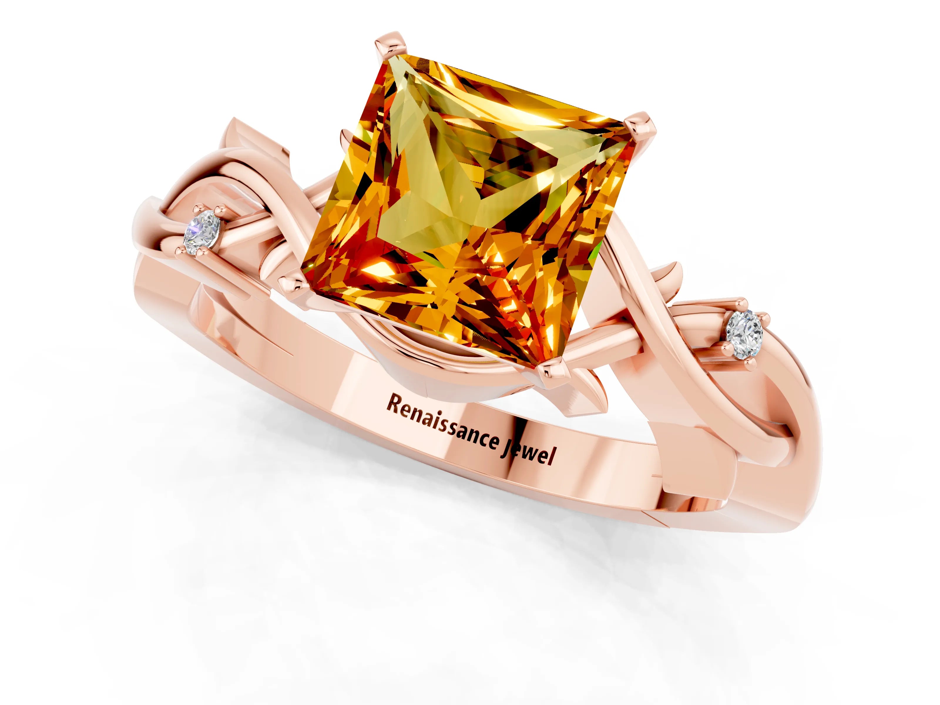 Rose gold Princess Cut Citrine Solitaire Ring with Twisted Band and Prong Setting_1