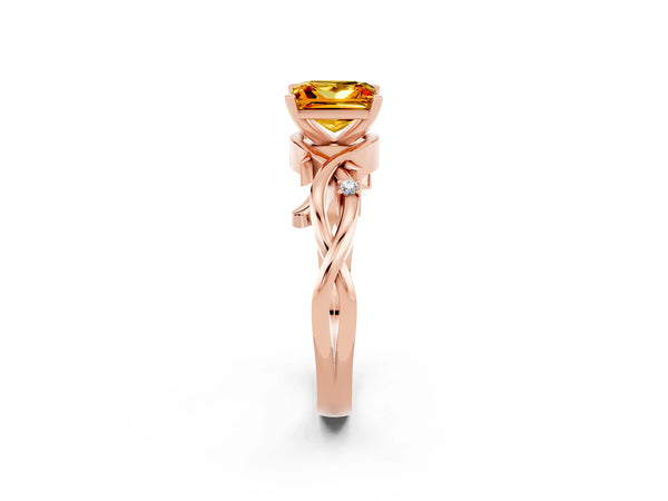 Rose gold Princess Cut Citrine Solitaire Ring with Twisted Band and Prong Setting