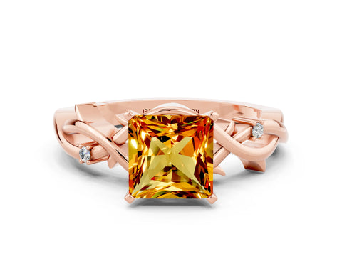 Rose gold Princess Cut Citrine Solitaire Ring with Twisted Band and Prong Setting