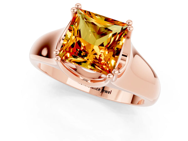 Rose gold Princess Cut Citrine Solitaire Ring with Wide Band and Prong Setting
