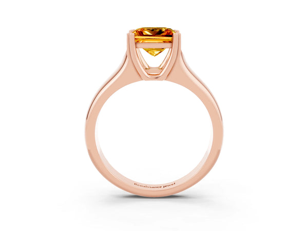 Rose gold Princess Cut Citrine Solitaire Ring with Wide Band and Prong Setting