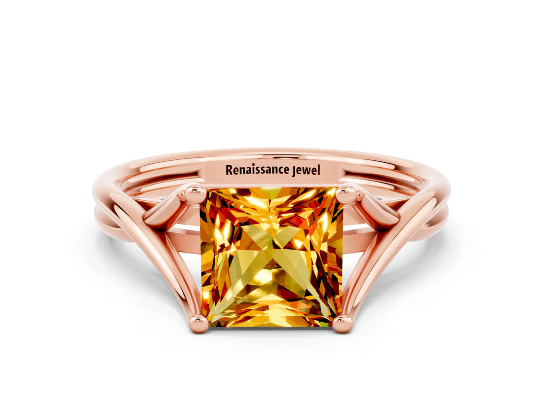Rose gold Princess Cut Citrine Solitaire Twist Band Prong Setting Ring_36
