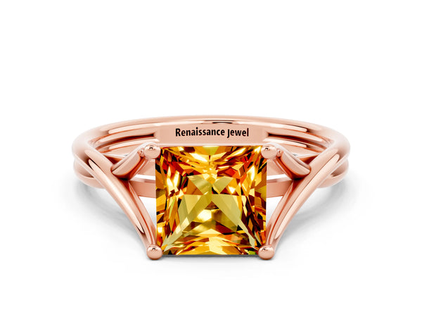 Rose gold Princess Cut Citrine Solitaire Twist Band Prong Setting Ring