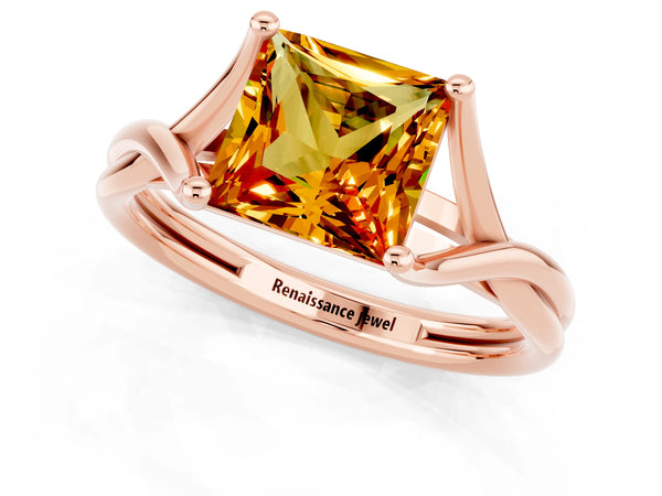 Rose gold Princess Cut Citrine Solitaire Twist Band Prong Setting Ring