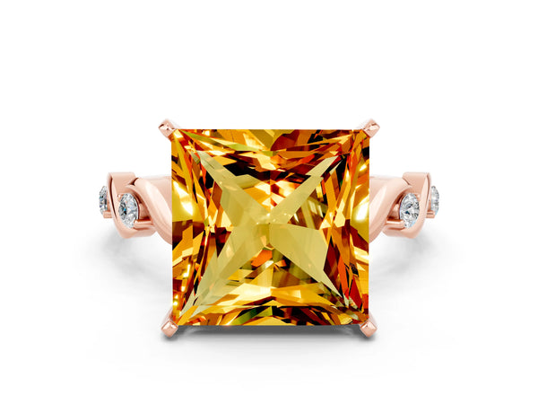 Rose gold Princess Cut Citrine Solitaire Twisted Band with Round  Accents and Prong Setting