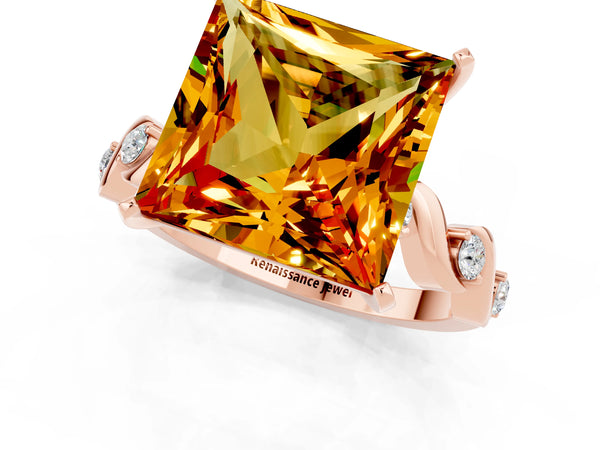 Rose gold Princess Cut Citrine Solitaire Twisted Band with Round  Accents and Prong Setting