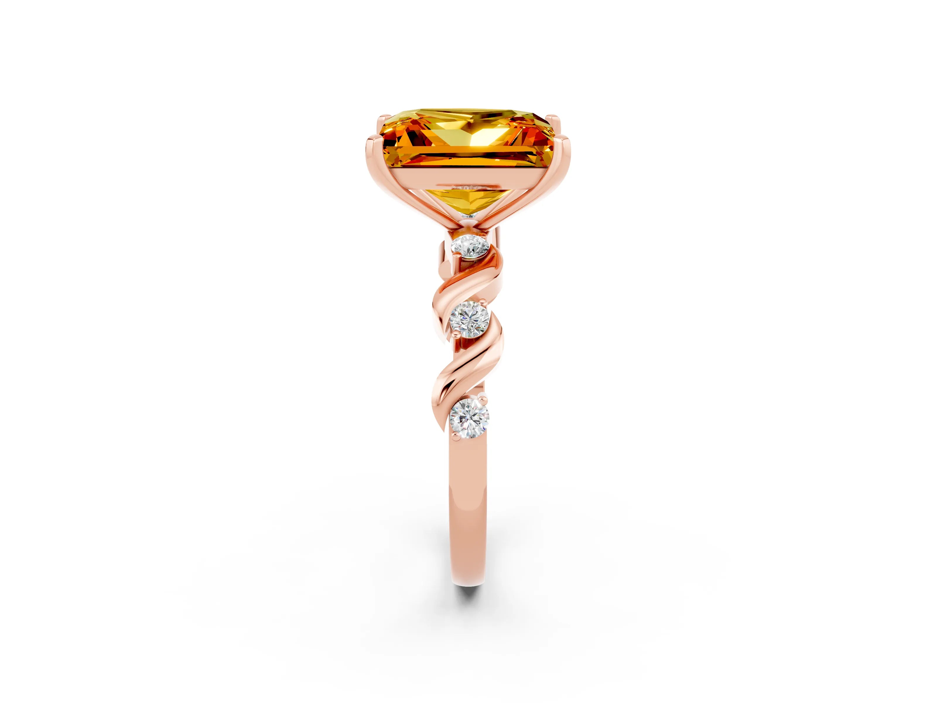 Rose gold Princess Cut Citrine Solitaire Twisted Band with Round  Accents and Prong Setting_14