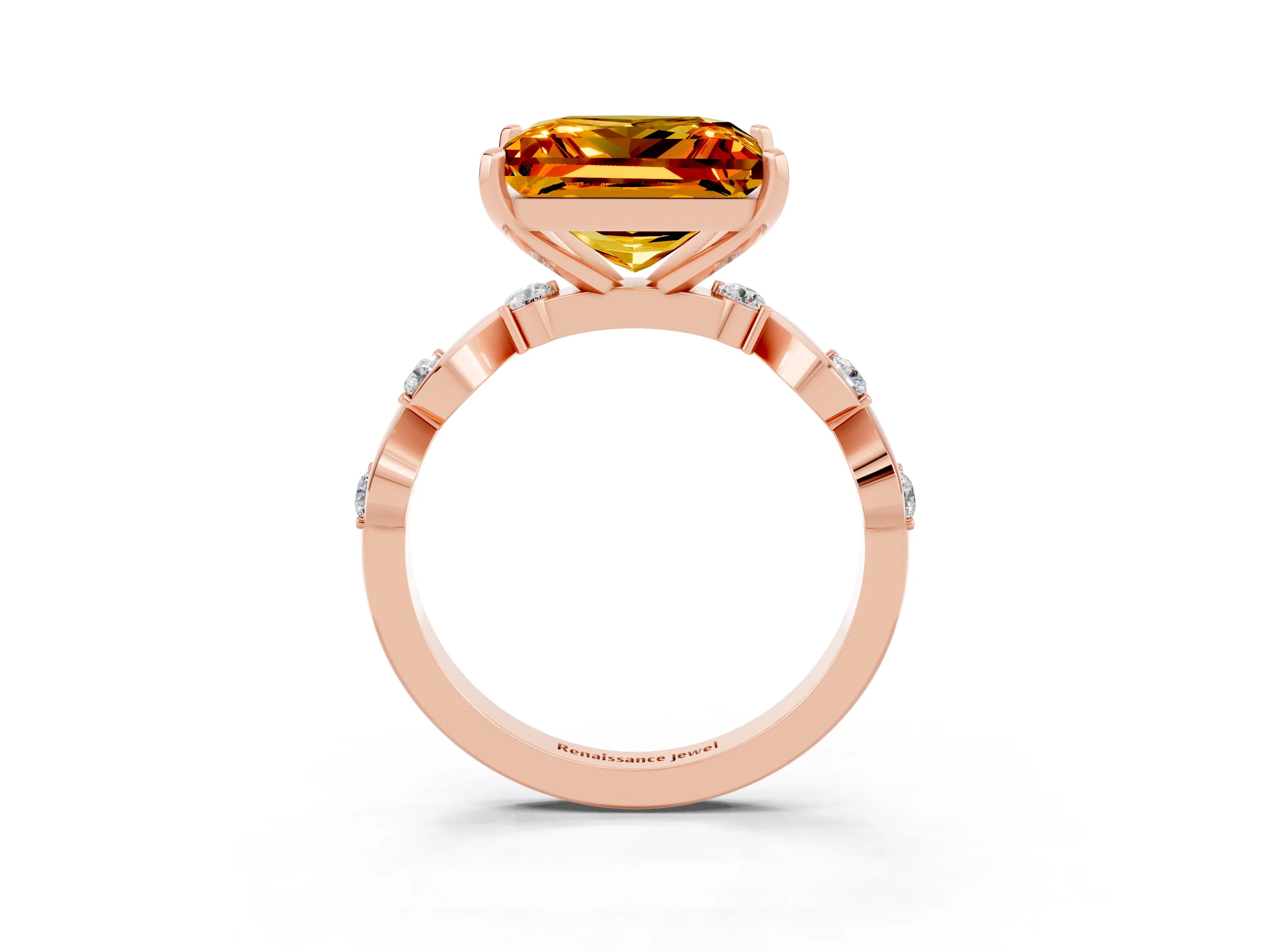 Rose gold Princess Cut Citrine Solitaire Twisted Band with Round  Accents and Prong Setting_15
