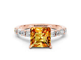 Rose gold Princess Cut Citrine Solitaire with Side Baguettes and Channel Set Band