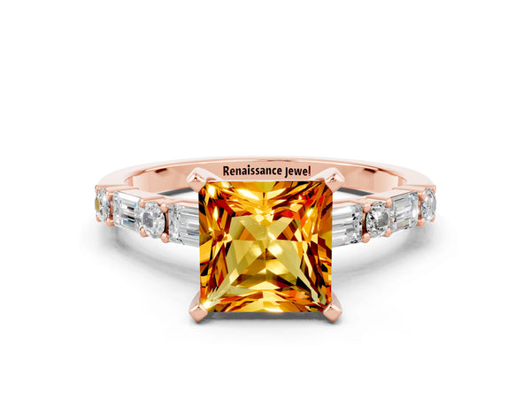 Rose gold Princess Cut Citrine Solitaire with Side Baguettes and Channel Set Band