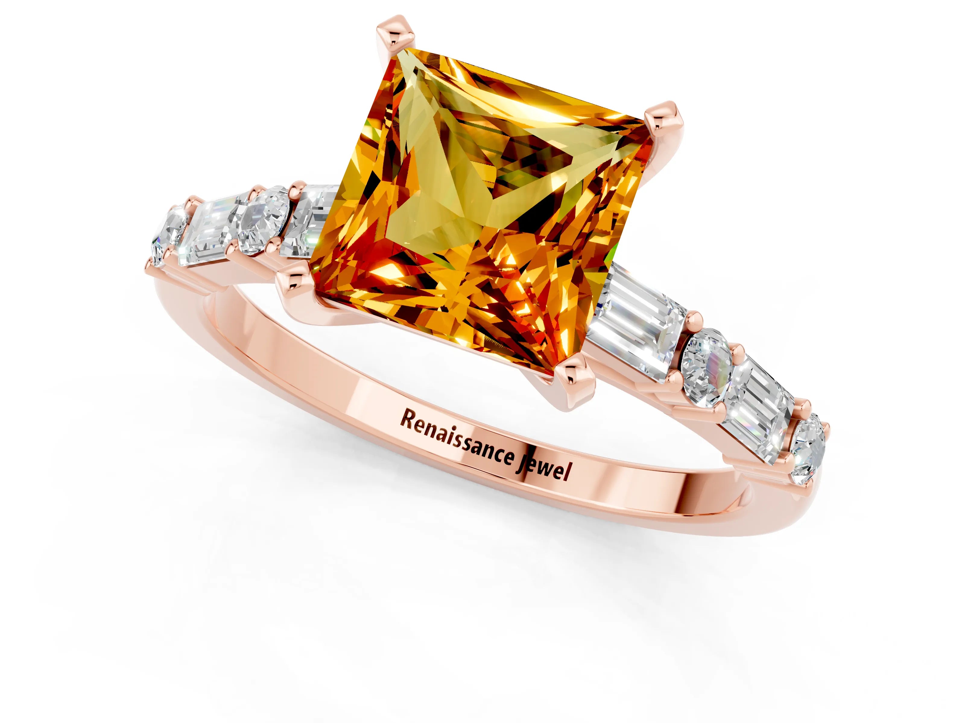 Rose gold Princess Cut Citrine Solitaire with Side Baguettes and Channel Set Band_1