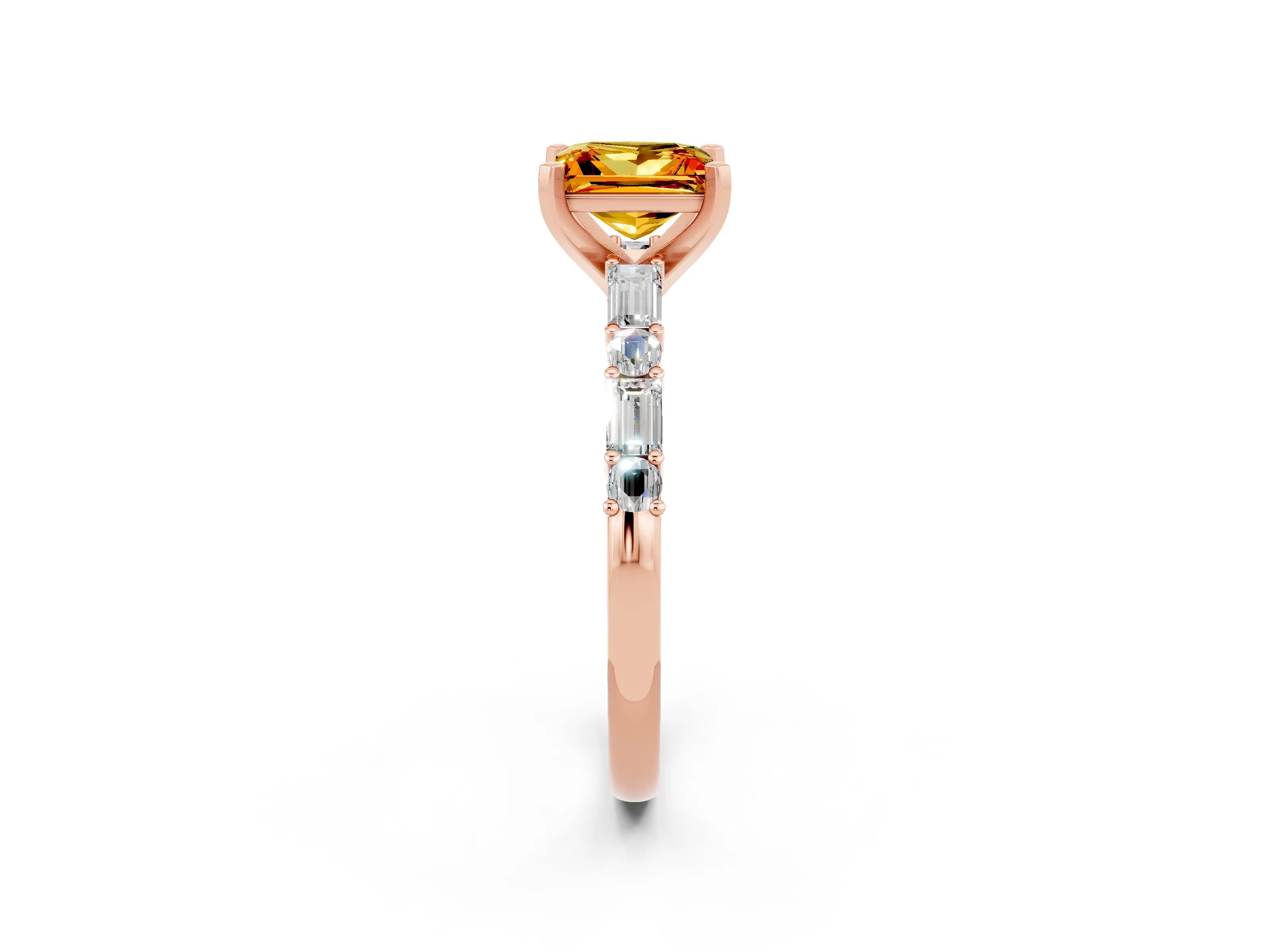 Rose gold Princess Cut Citrine Solitaire with Side Baguettes and Channel Set Band_2