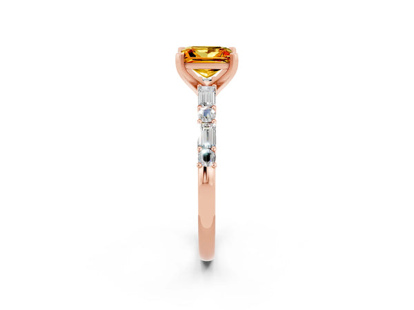 Rose gold Princess Cut Citrine Solitaire with Side Baguettes and Channel Set Band