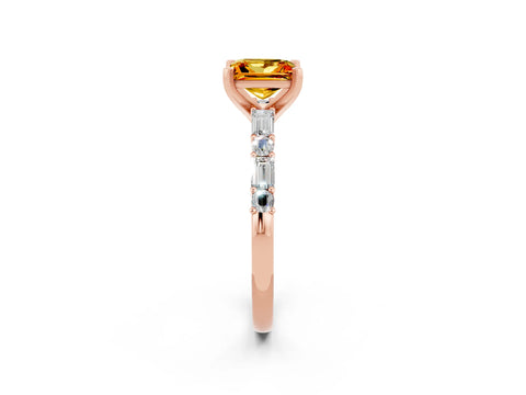 Rose gold Princess Cut Citrine Solitaire with Side Baguettes and Channel Set Band_2