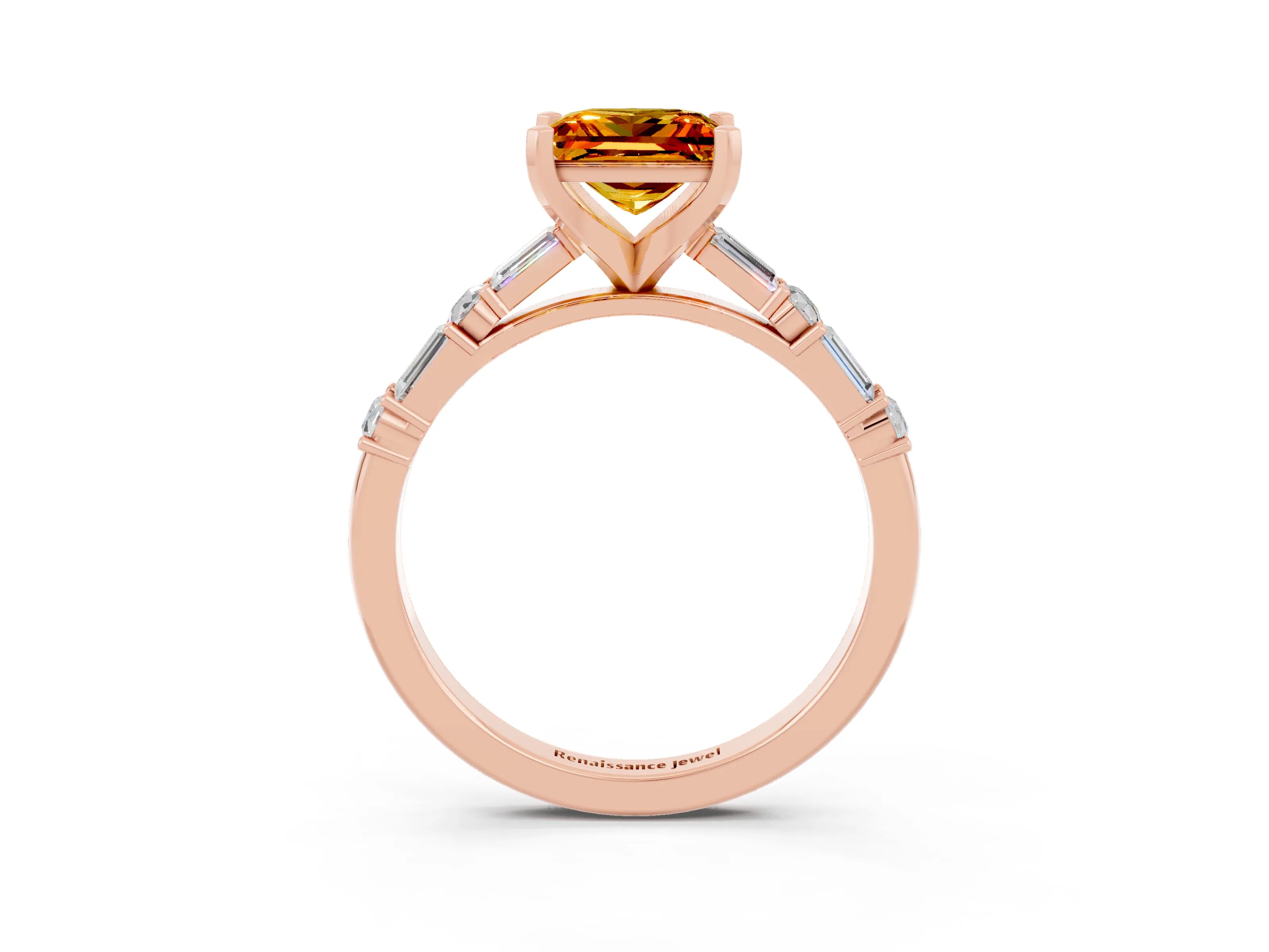 Rose gold Princess Cut Citrine Solitaire with Side Baguettes and Channel Set Band_3