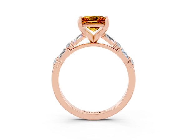 Rose gold Princess Cut Citrine Solitaire with Side Baguettes and Channel Set Band