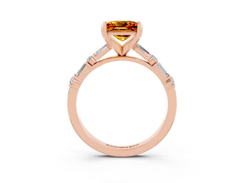 Rose gold Princess Cut Citrine Solitaire with Side Baguettes and Channel Set Band_3