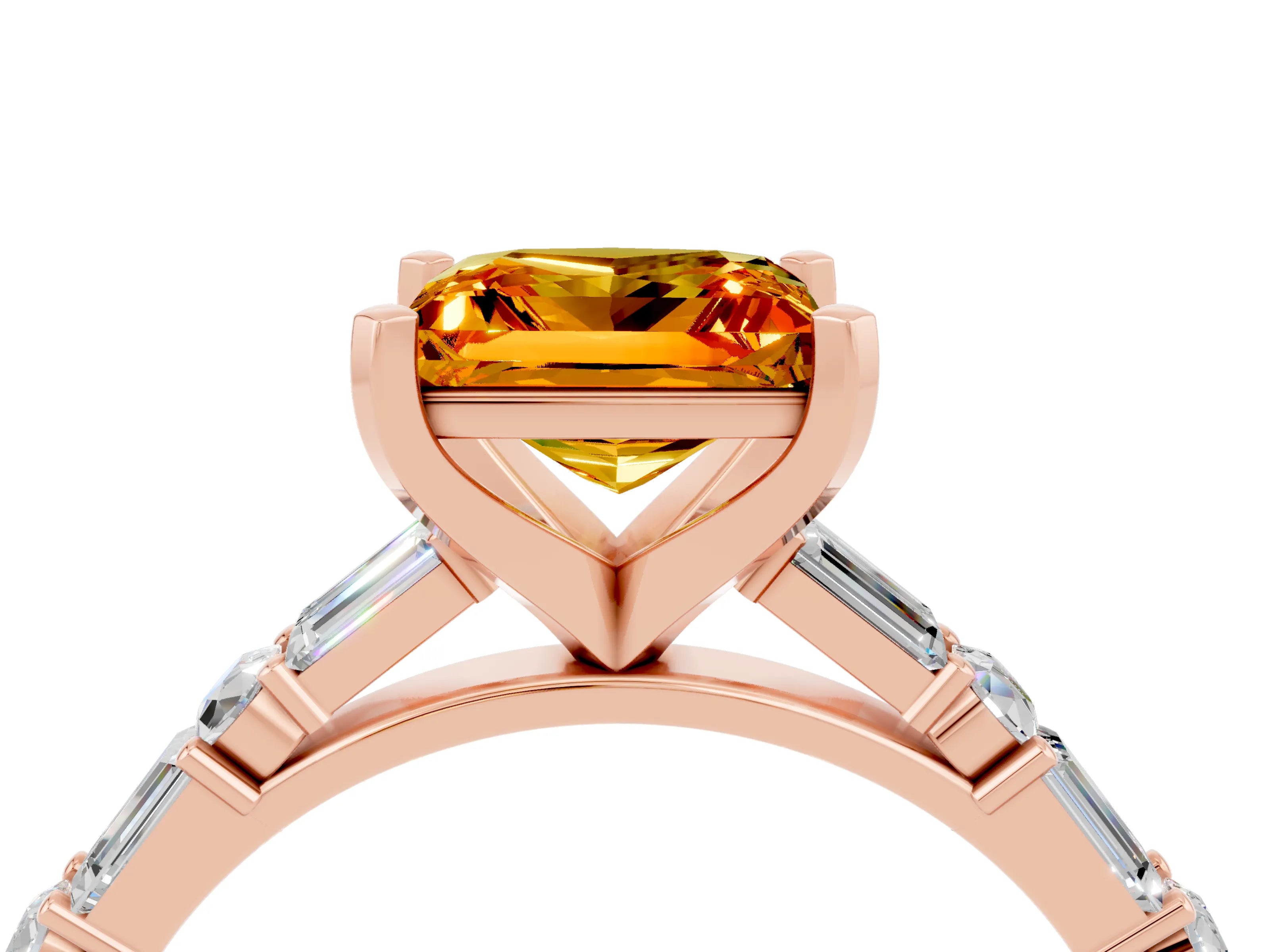Rose gold Princess Cut Citrine Solitaire with Side Baguettes and Channel Set Band_4