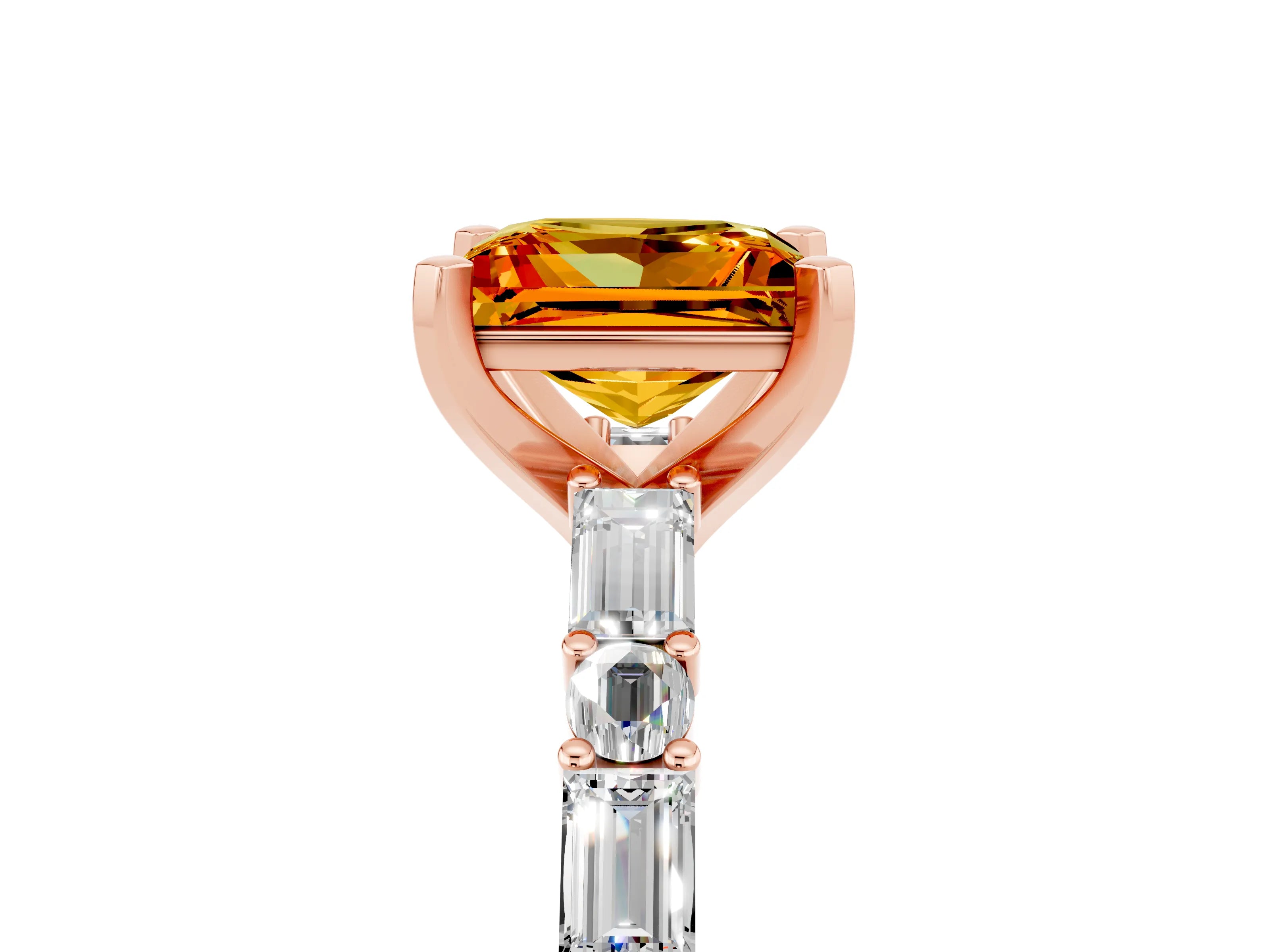 Rose gold Princess Cut Citrine Solitaire with Side Baguettes and Channel Set Band_5