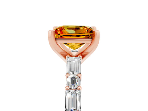 Rose gold Princess Cut Citrine Solitaire with Side Baguettes and Channel Set Band_5