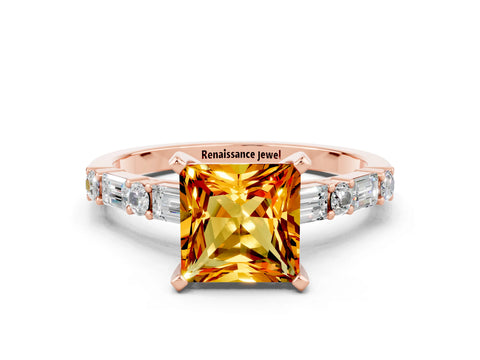 Rose gold Princess Cut Citrine Solitaire with Side Baguettes and Channel Set Band
