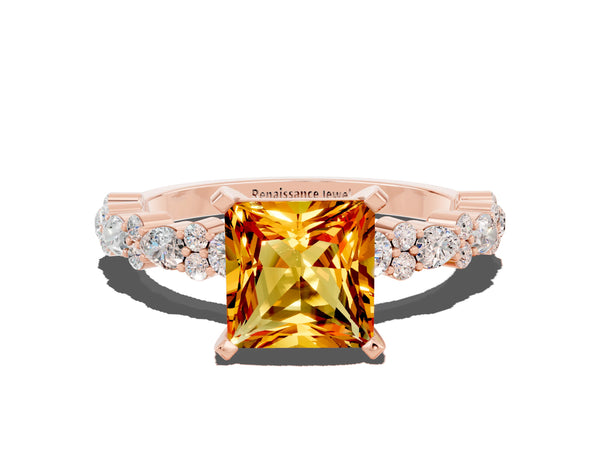 Rose gold Princess Cut Citrine Side Stone Solitaire Ring with Round  and Four-Prong Setting