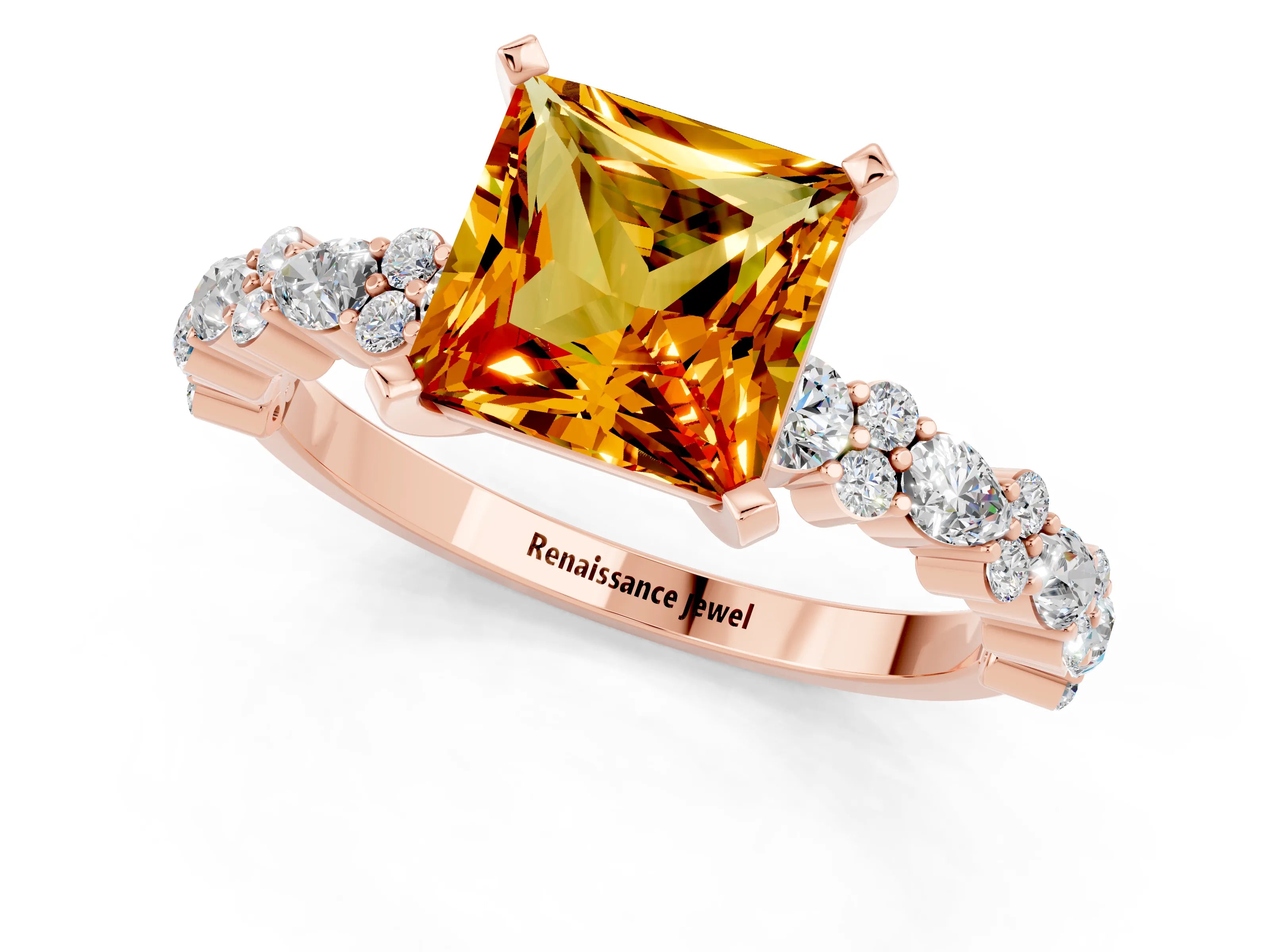 Rose gold Princess Cut Citrine Solitaire with Side Stones, Pave Band, Four-Prong Setting_37