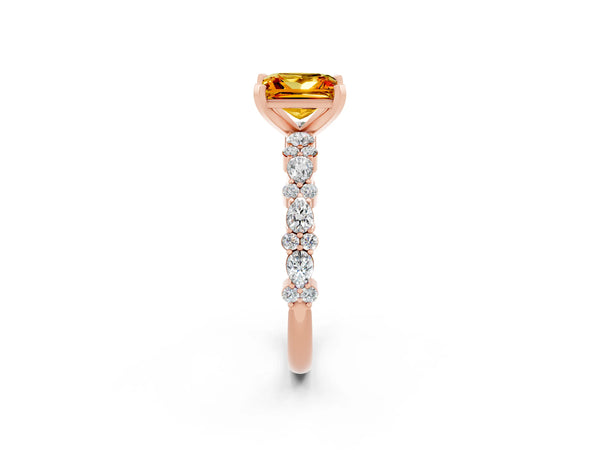 Rose gold Princess Cut Citrine Side Stone Solitaire Ring with Round  and Four-Prong Setting