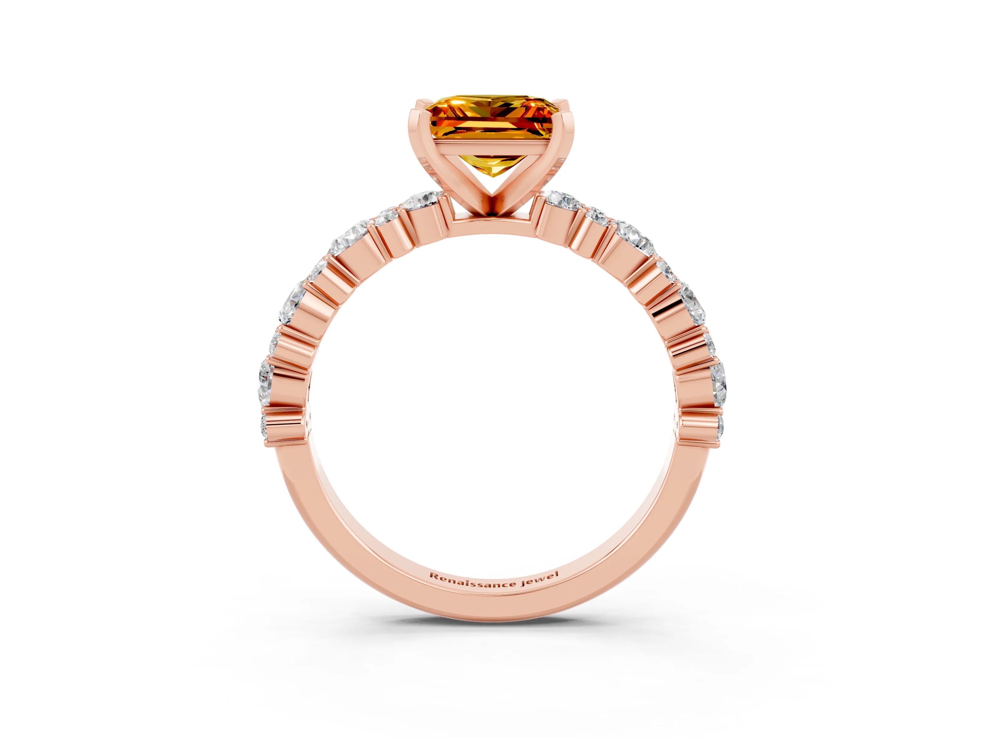 Rose gold Princess Cut Citrine Solitaire with Side Stones, Pave Band, Four-Prong Setting_39