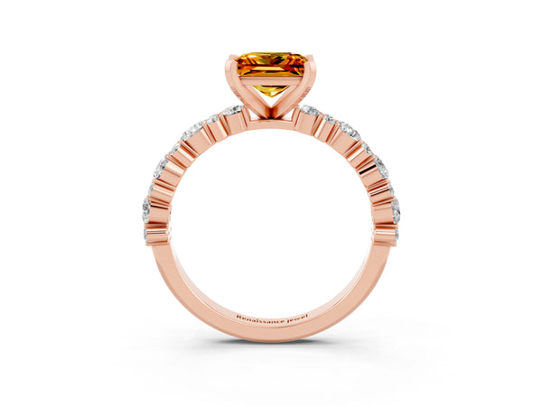 Rose gold Princess Cut Citrine Side Stone Solitaire Ring with Round  and Four-Prong Setting