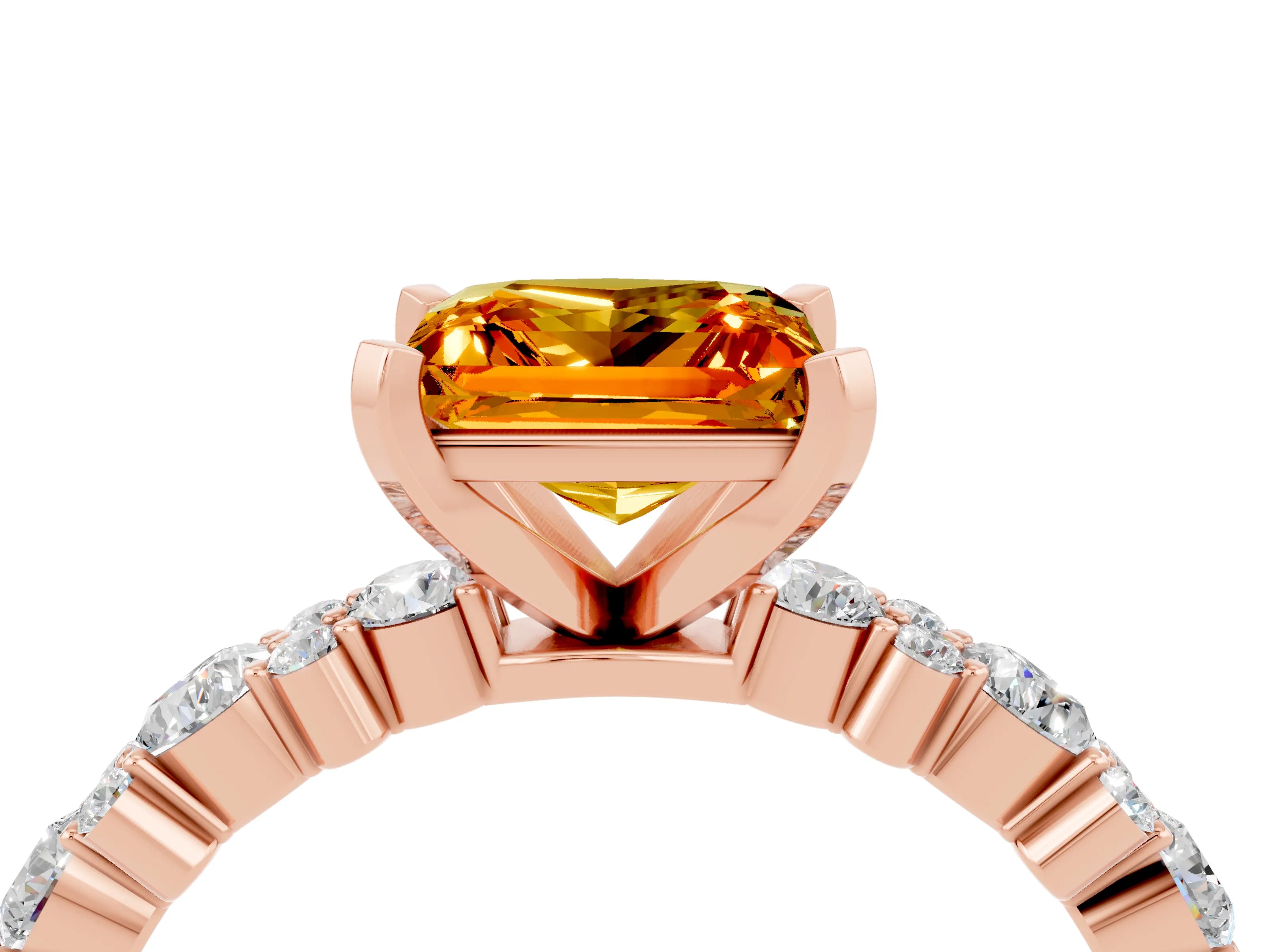 Rose gold Princess Cut Citrine Solitaire with Side Stones, Pave Band, Four-Prong Setting_40